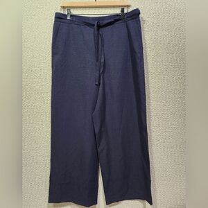 Talbots Linen Blend Wide Leg‎ Navy Dress Pant Pull On Elastic Waist Belted LG